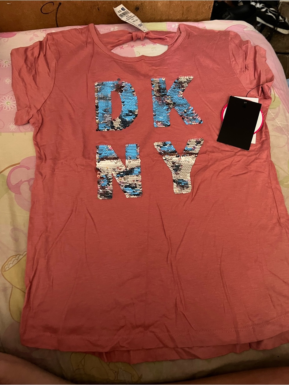 DKNY Coral Pink Sequin Logo Tee